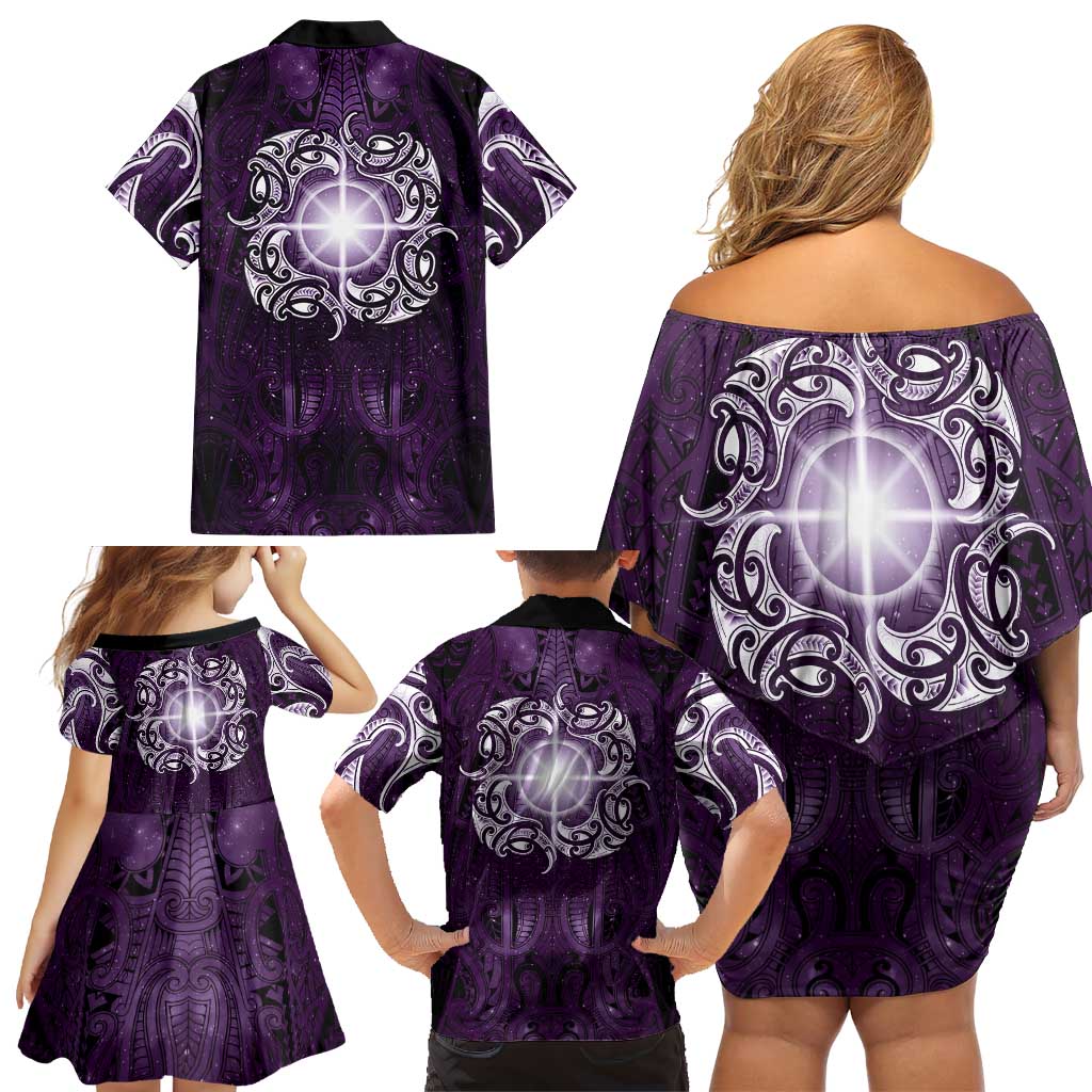 New Zealand Matariki Waipunarangi Family Matching Off Shoulder Short Dress and Hawaiian Shirt Maori Moko Purple Galaxy