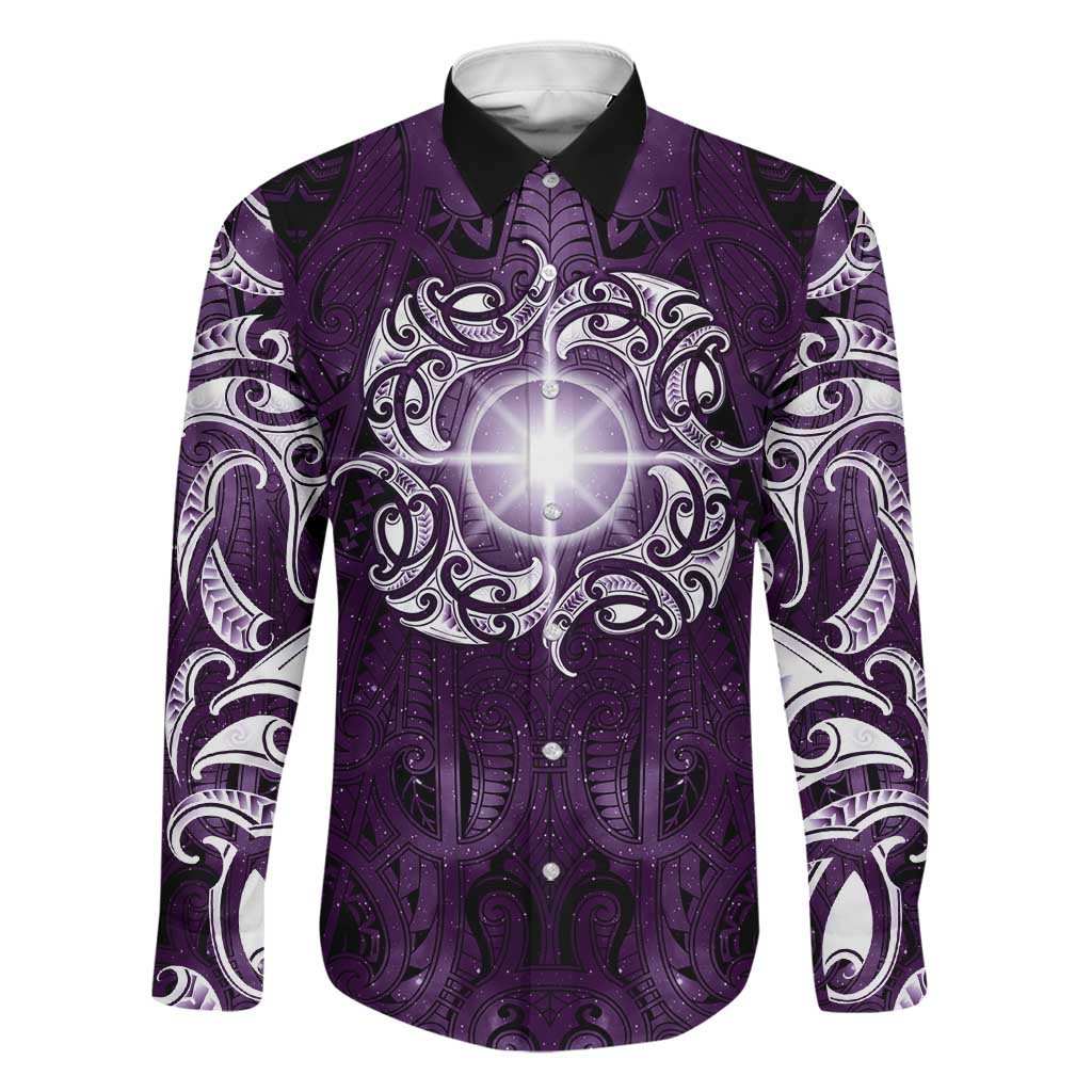 New Zealand Matariki Waipunarangi Family Matching Off Shoulder Short Dress and Hawaiian Shirt Maori Moko Purple Galaxy