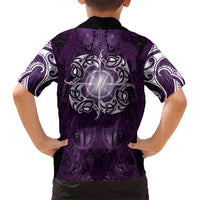 New Zealand Matariki Waipunarangi Family Matching Short Sleeve Bodycon Dress and Hawaiian Shirt Maori Moko Purple Galaxy