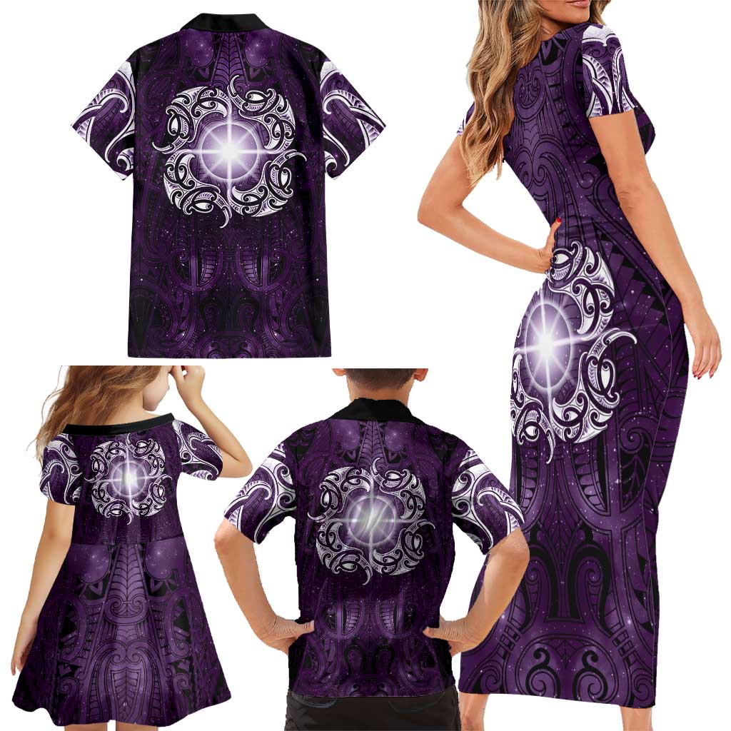 New Zealand Matariki Waipunarangi Family Matching Short Sleeve Bodycon Dress and Hawaiian Shirt Maori Moko Purple Galaxy