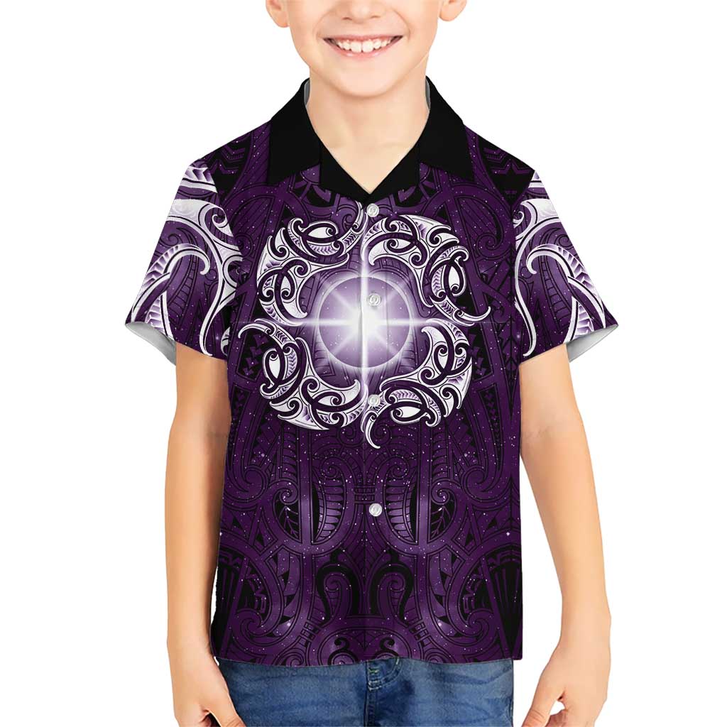 New Zealand Matariki Waipunarangi Family Matching Short Sleeve Bodycon Dress and Hawaiian Shirt Maori Moko Purple Galaxy