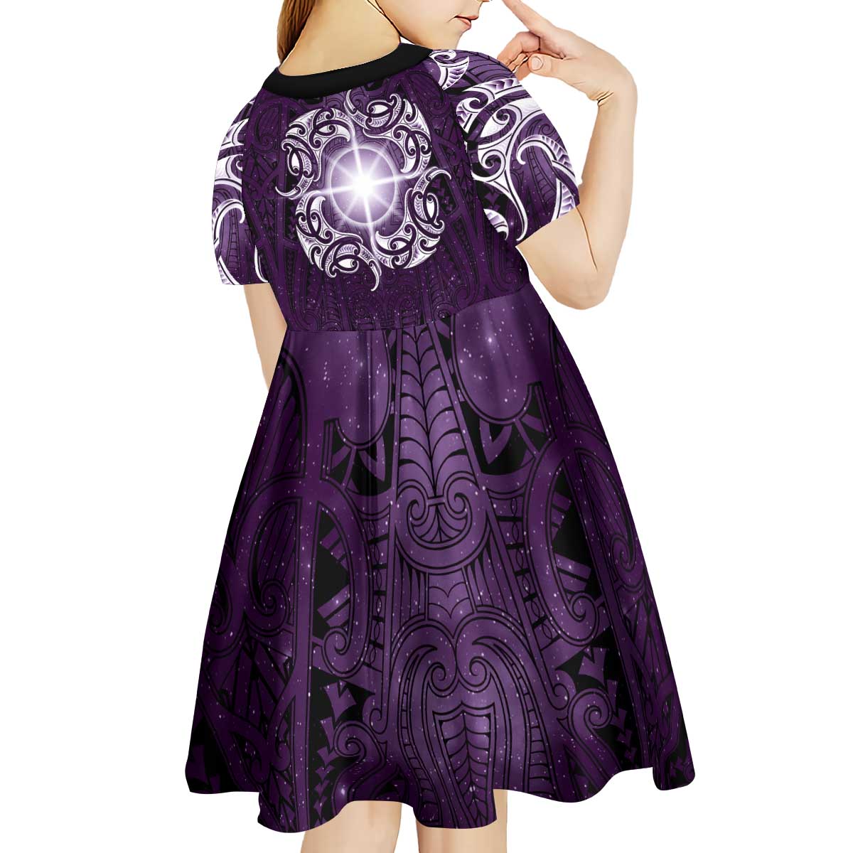 New Zealand Matariki Waipunarangi Kid Short Sleeve Dress Maori Moko Purple Galaxy