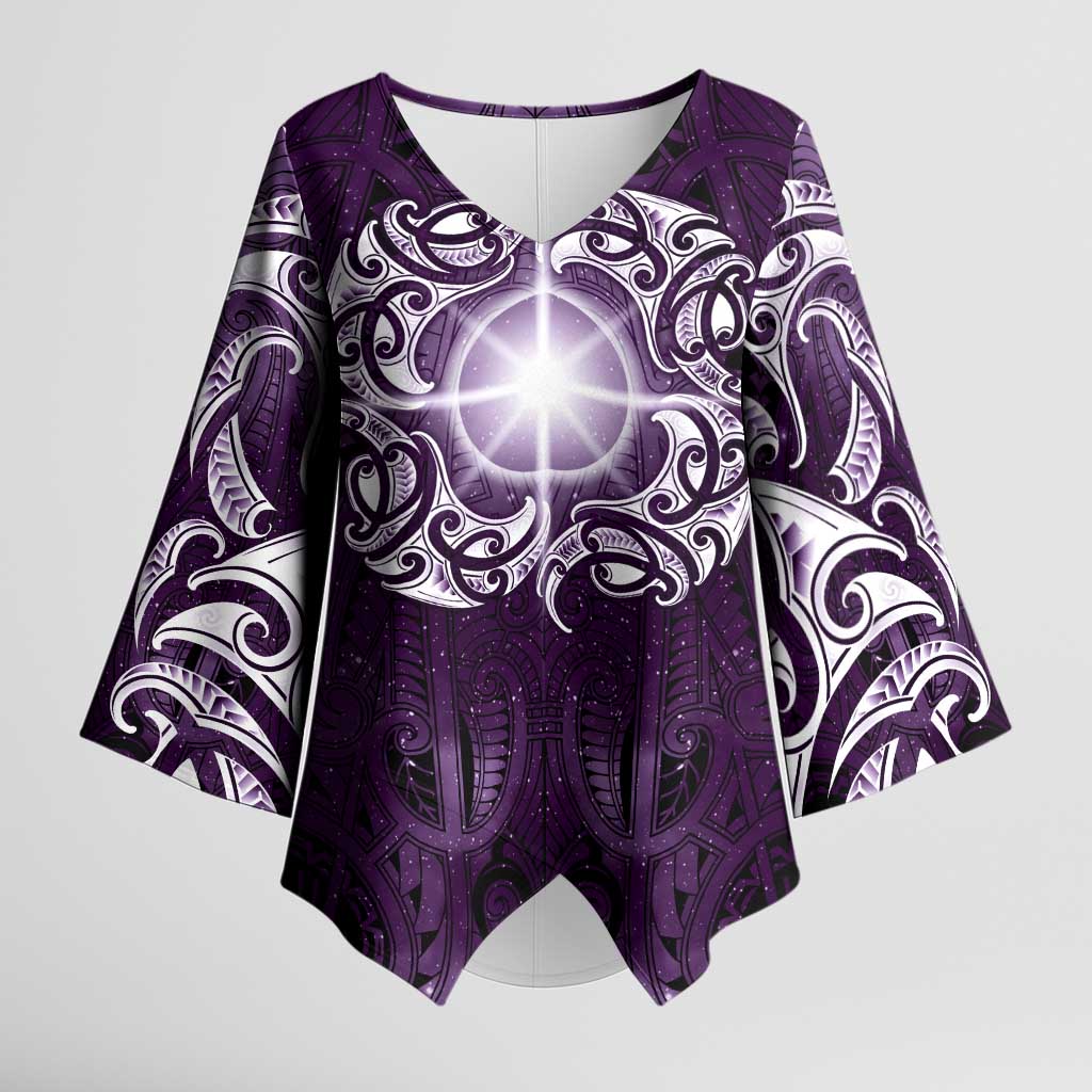 New Zealand Matariki Waipunarangi Kimono Sleeve Blouse Maori Moko Purple Galaxy LT05 Female Purple - Polynesian Pride