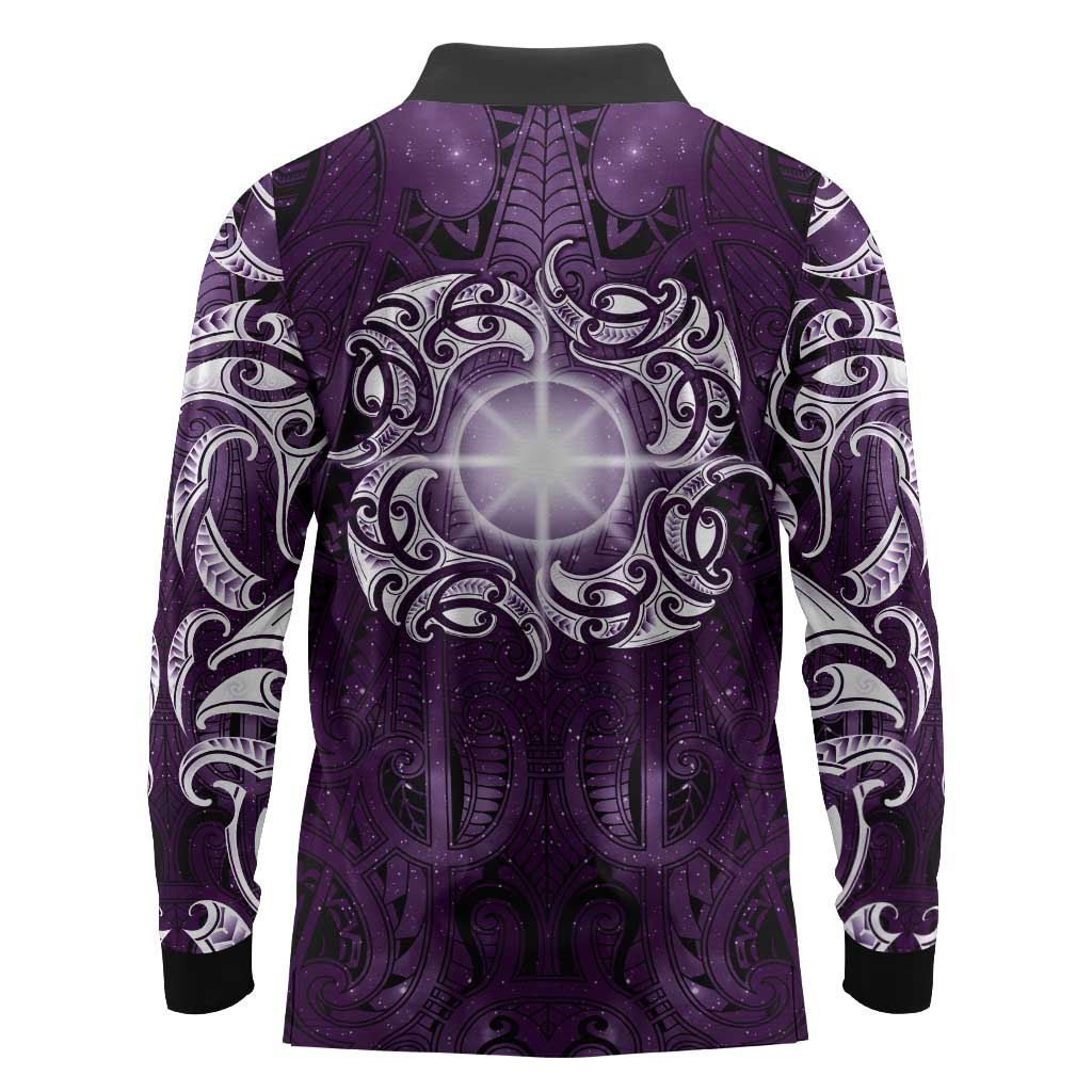 New Zealand Matariki Waipunarangi Long Sleeve Polo Shirt Maori Moko Purple Galaxy