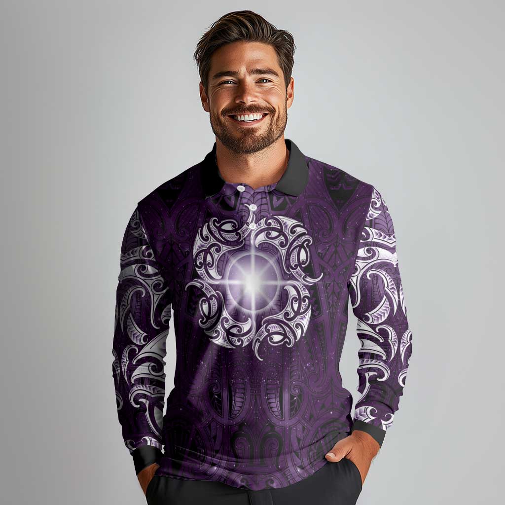 New Zealand Matariki Waipunarangi Long Sleeve Polo Shirt Maori Moko Purple Galaxy