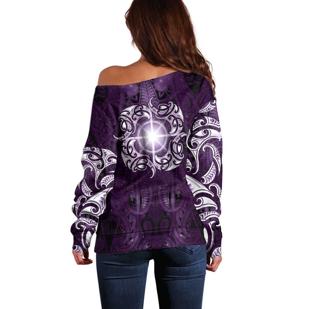 New Zealand Matariki Waipunarangi Off Shoulder Sweater Maori Moko Purple Galaxy