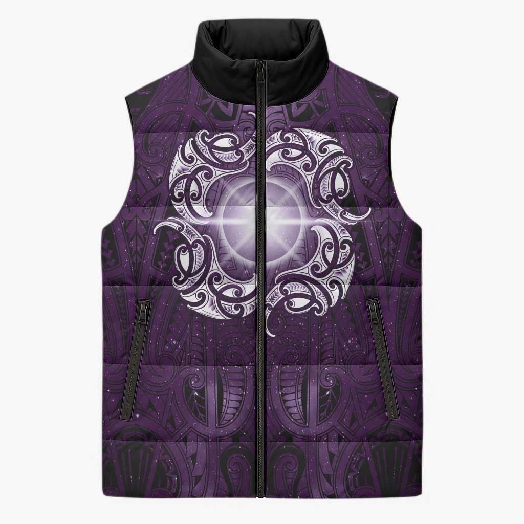 New Zealand Matariki Waipunarangi Sleeveless Puffer Jacket Maori Moko Purple Galaxy LT05 Unisex Purple - Polynesian Pride