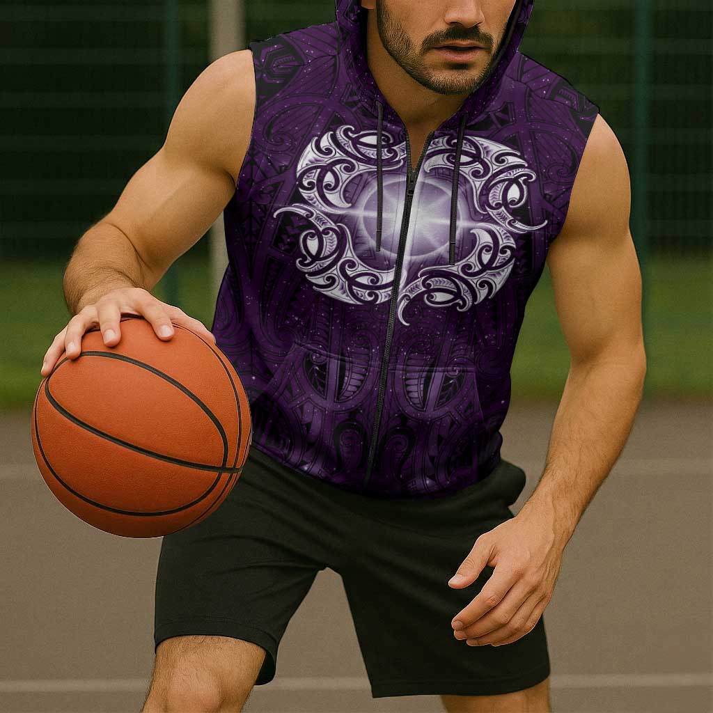 New Zealand Matariki Waipunarangi Sleeveless Zip Hoodie Maori Moko Purple Galaxy