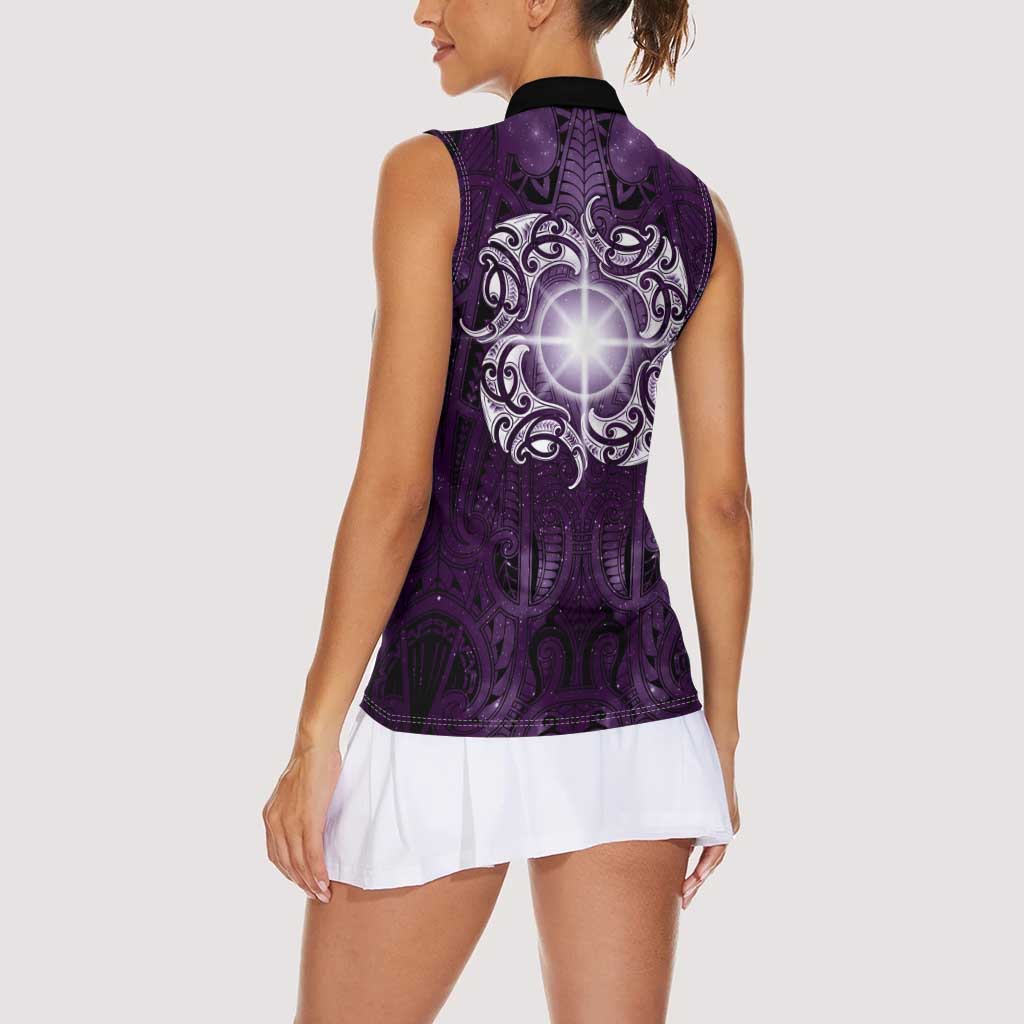 New Zealand Matariki Waipunarangi Women Sleeveless Polo Shirt Maori Moko Purple Galaxy