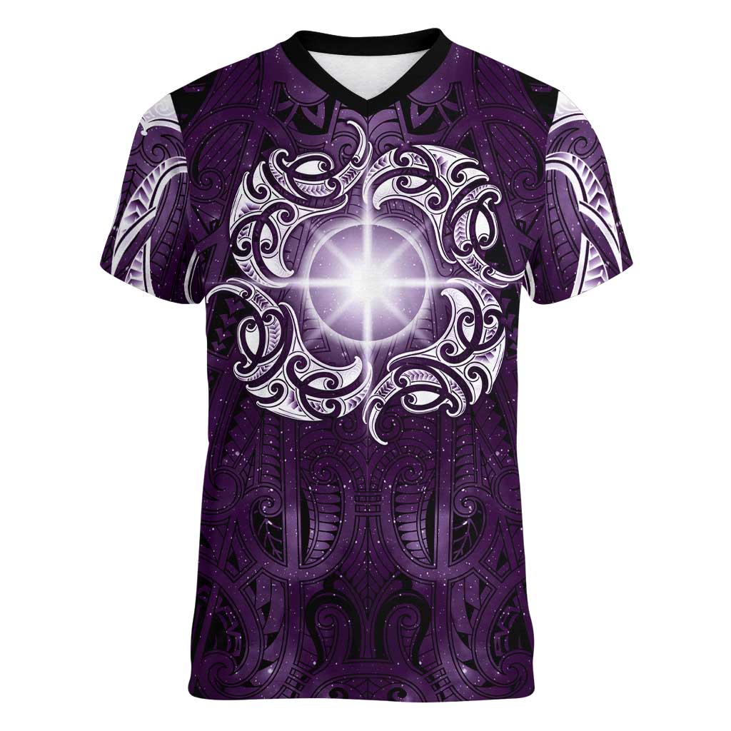 New Zealand Matariki Waipunarangi Women V-Neck T-Shirt Maori Moko Purple Galaxy LT05 Female Purple - Polynesian Pride