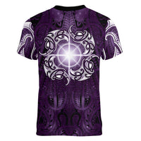 New Zealand Matariki Waipunarangi Women V-Neck T-Shirt Maori Moko Purple Galaxy