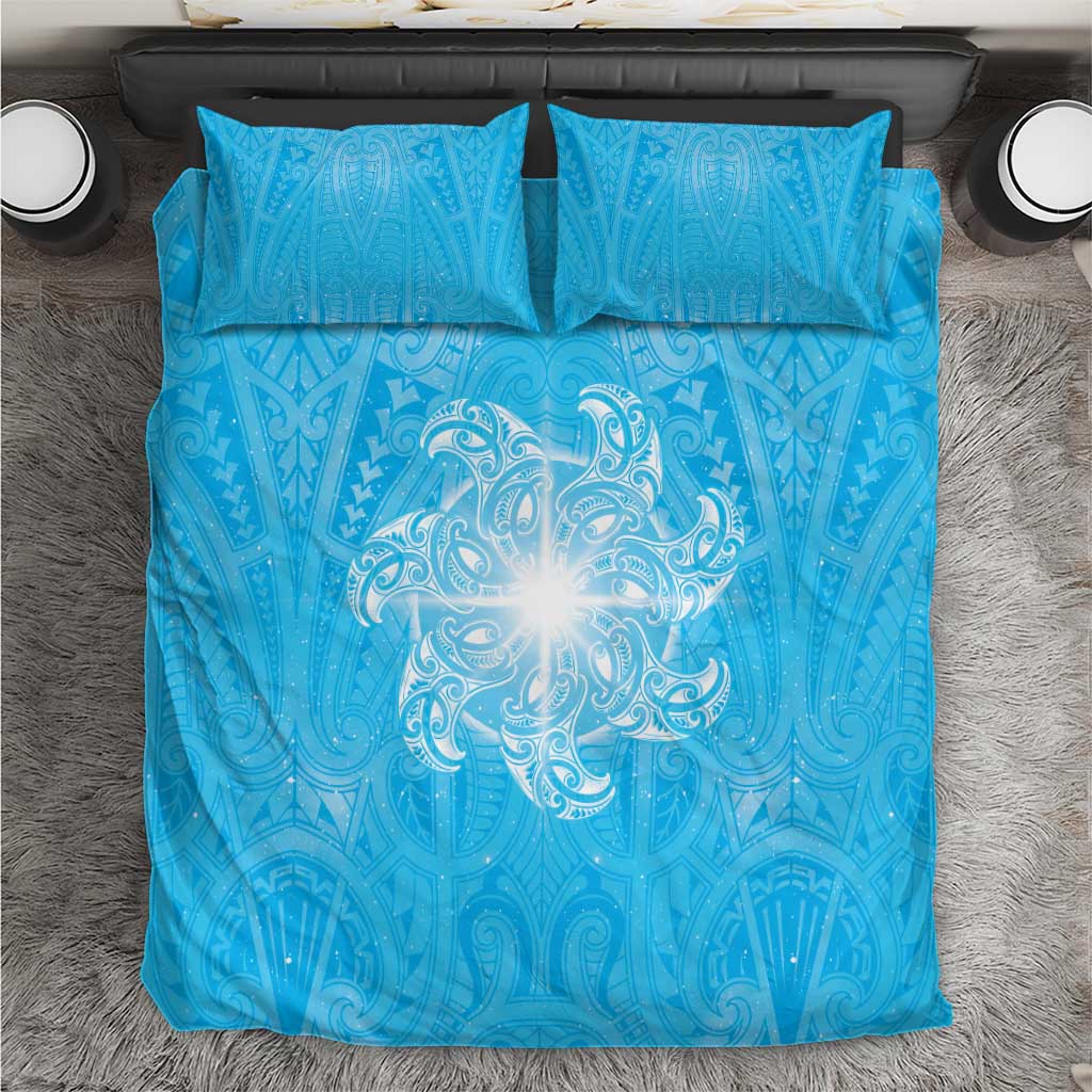 New Zealand Matariki Waiti Bedding Set Maori Moko Cyan Galaxy