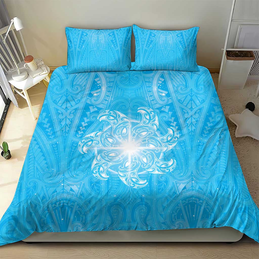 New Zealand Matariki Waiti Bedding Set Maori Moko Cyan Galaxy