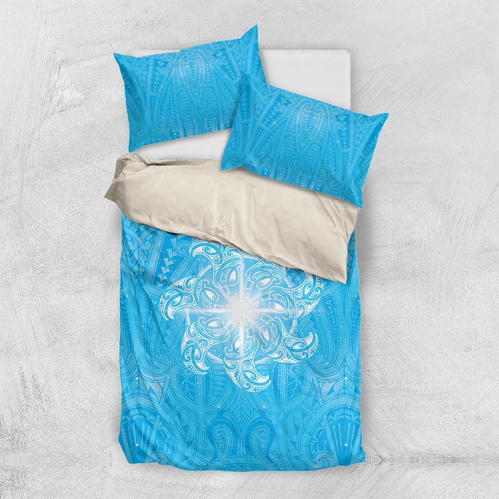 New Zealand Matariki Waiti Bedding Set Maori Moko Cyan Galaxy