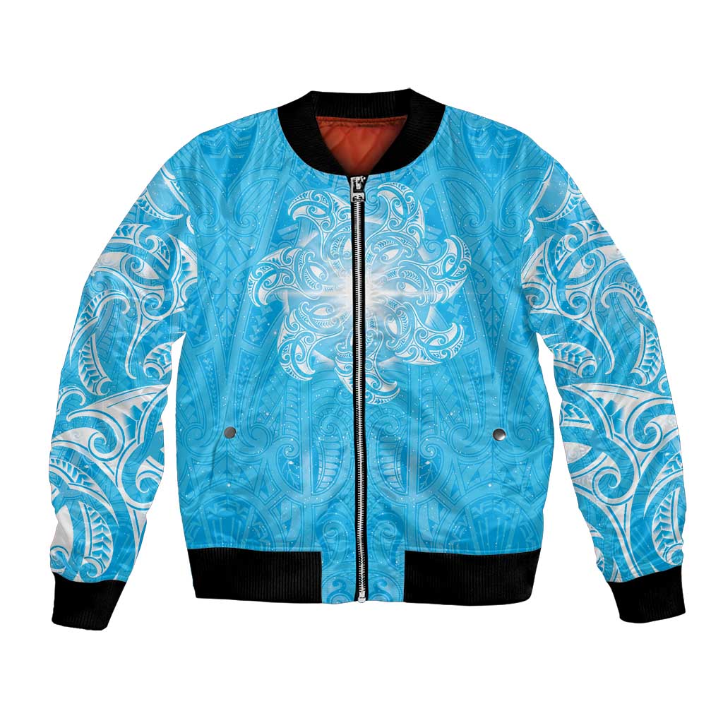 New Zealand Matariki Waiti Bomber Jacket Maori Moko Cyan Galaxy LT05 Unisex Cyan - Polynesian Pride