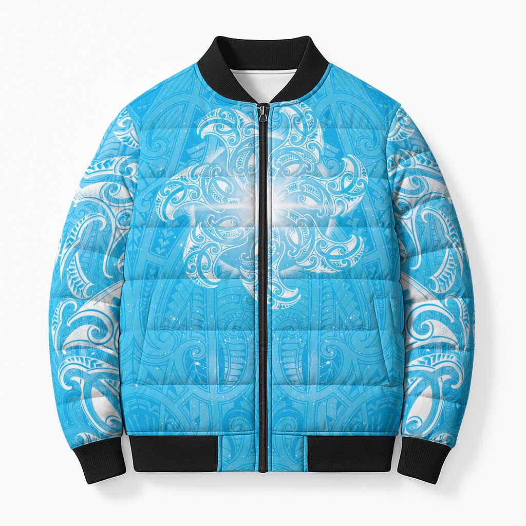 New Zealand Matariki Waiti Bomber Puffer Jacket Maori Moko Cyan Galaxy LT05 Unisex Cyan - Polynesian Pride