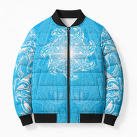New Zealand Matariki Waiti Bomber Puffer Jacket Maori Moko Cyan Galaxy