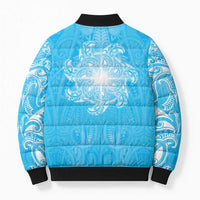 New Zealand Matariki Waiti Bomber Puffer Jacket Maori Moko Cyan Galaxy
