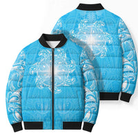 New Zealand Matariki Waiti Bomber Puffer Jacket Maori Moko Cyan Galaxy