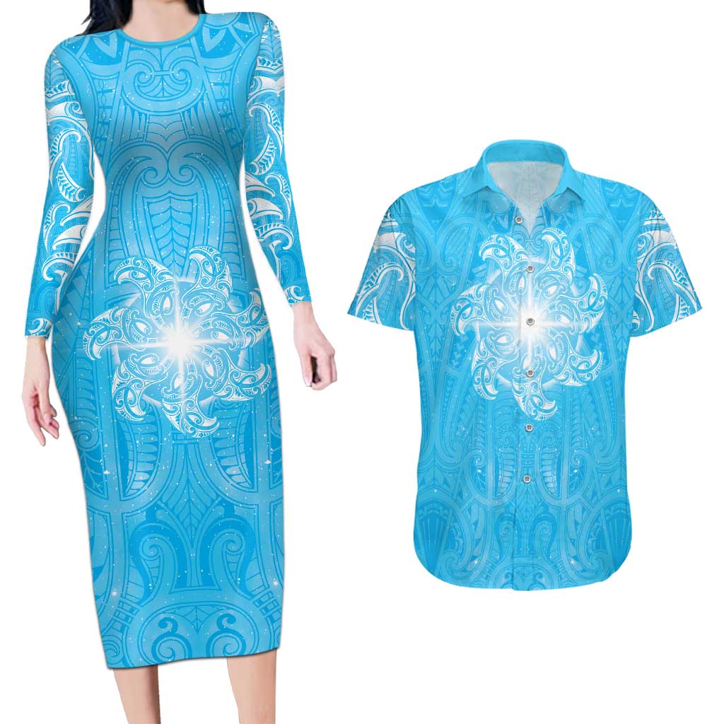 New Zealand Matariki Waiti Couples Matching Long Sleeve Bodycon Dress and Hawaiian Shirt Maori Moko Cyan Galaxy LT05 Cyan - Polynesian Pride