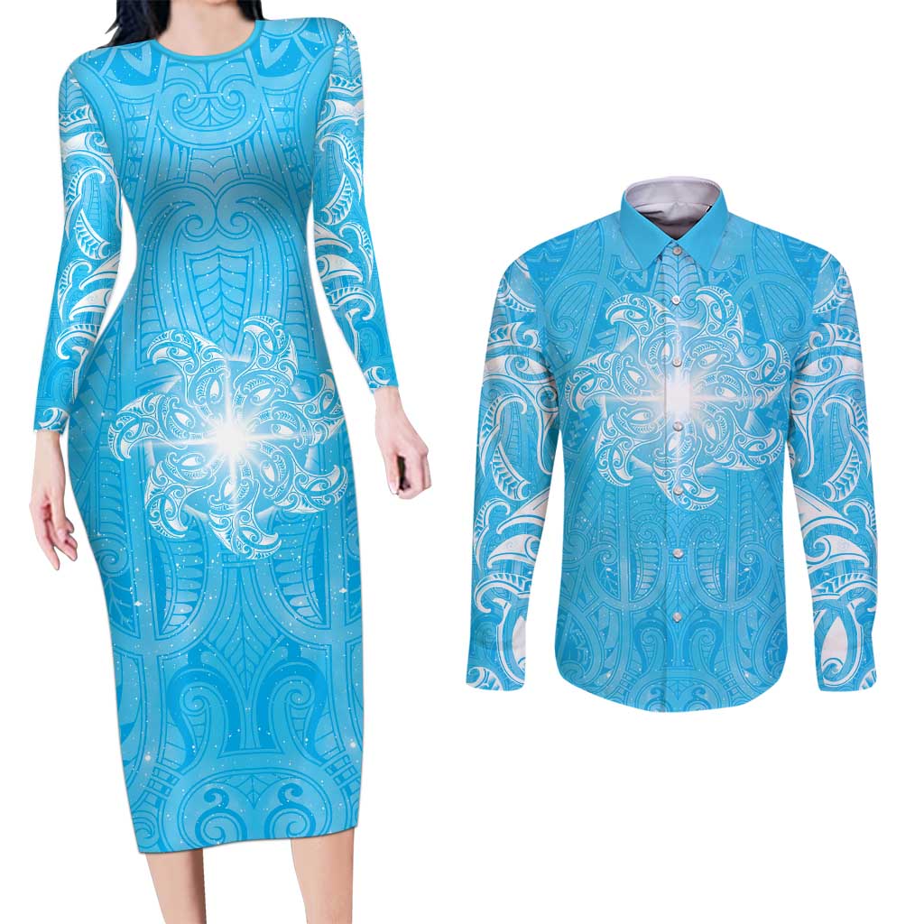 New Zealand Matariki Waiti Couples Matching Long Sleeve Bodycon Dress and Long Sleeve Button Shirt Maori Moko Cyan Galaxy LT05 Cyan - Polynesian Pride