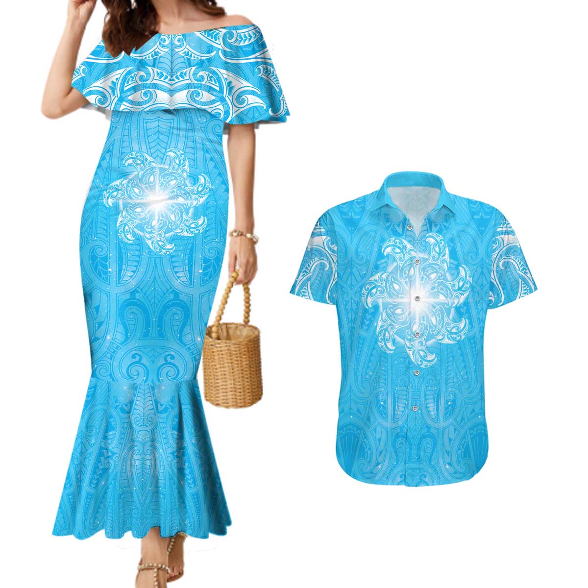New Zealand Matariki Waiti Couples Matching Mermaid Dress and Hawaiian Shirt Maori Moko Cyan Galaxy