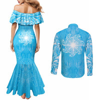 New Zealand Matariki Waiti Couples Matching Mermaid Dress and Long Sleeve Button Shirt Maori Moko Cyan Galaxy