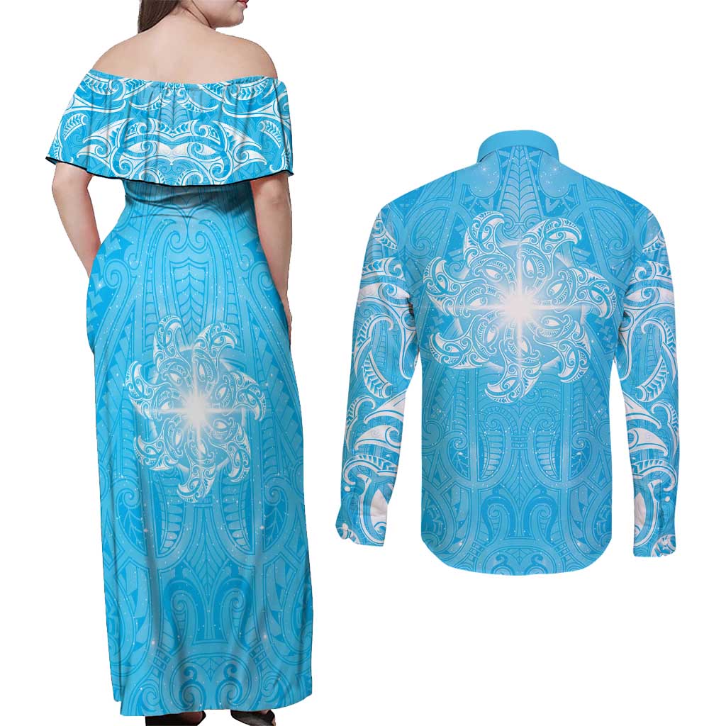 New Zealand Matariki Waiti Couples Matching Off Shoulder Maxi Dress and Long Sleeve Button Shirt Maori Moko Cyan Galaxy