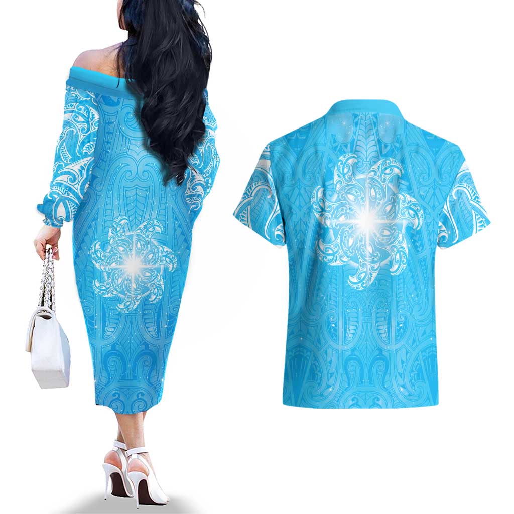 New Zealand Matariki Waiti Couples Matching Off The Shoulder Long Sleeve Dress and Hawaiian Shirt Maori Moko Cyan Galaxy