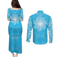 New Zealand Matariki Waiti Couples Matching Puletasi and Long Sleeve Button Shirt Maori Moko Cyan Galaxy