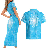 New Zealand Matariki Waiti Couples Matching Short Sleeve Bodycon Dress and Hawaiian Shirt Maori Moko Cyan Galaxy