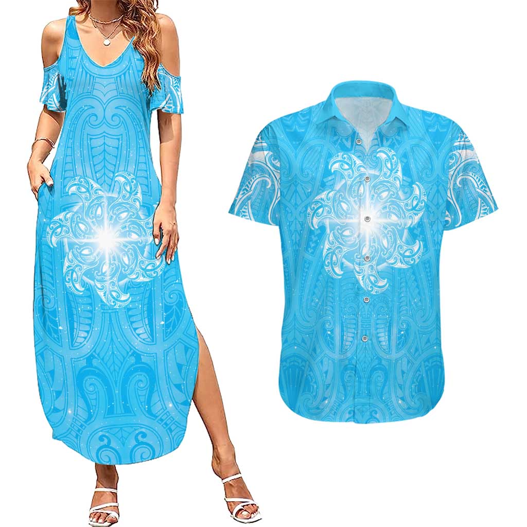 New Zealand Matariki Waiti Couples Matching Summer Maxi Dress and Hawaiian Shirt Maori Moko Cyan Galaxy LT05 Cyan - Polynesian Pride