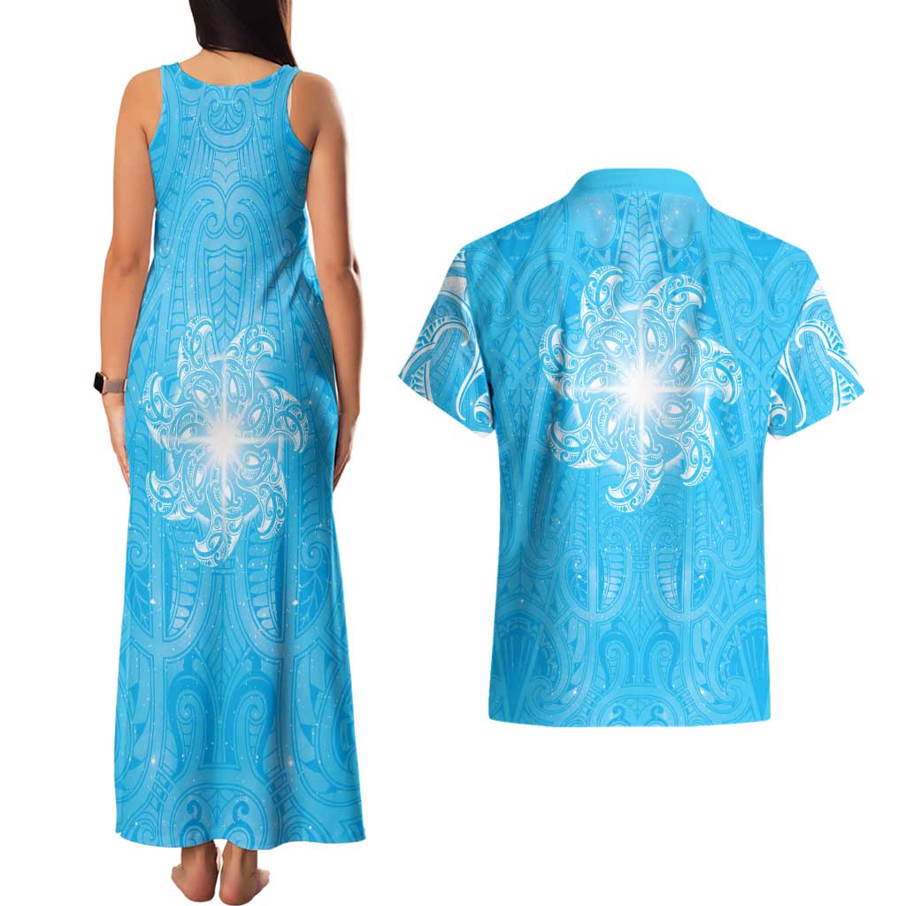 New Zealand Matariki Waiti Couples Matching Tank Maxi Dress and Hawaiian Shirt Maori Moko Cyan Galaxy