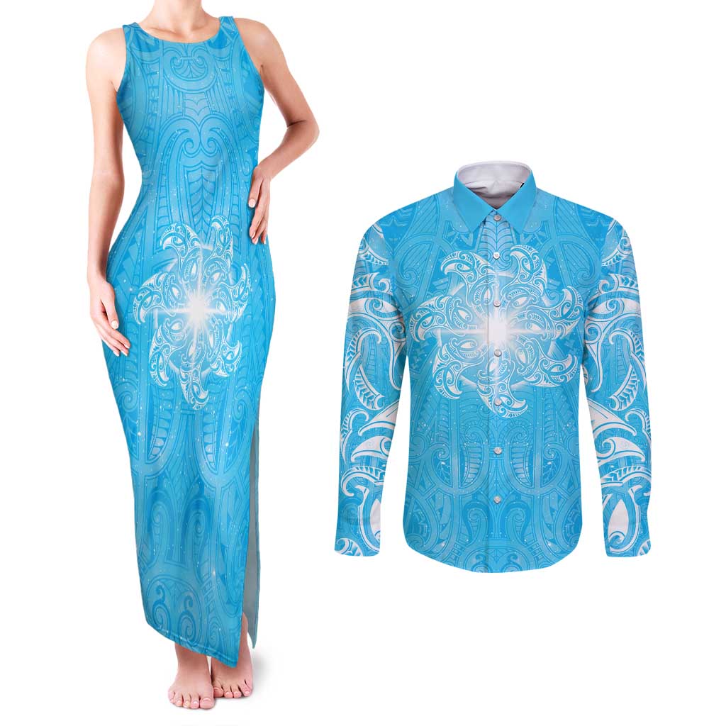 New Zealand Matariki Waiti Couples Matching Tank Maxi Dress and Long Sleeve Button Shirt Maori Moko Cyan Galaxy LT05 Cyan - Polynesian Pride