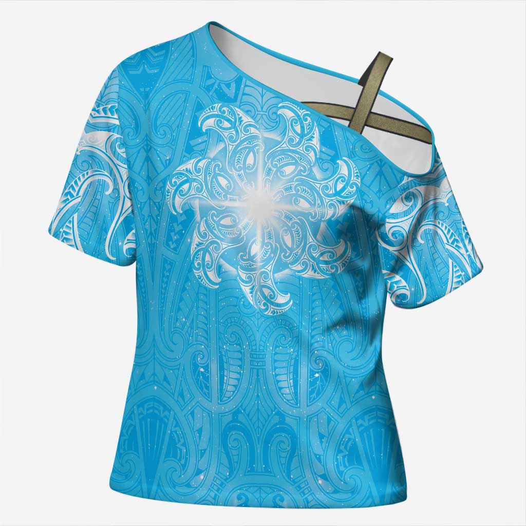 New Zealand Matariki Waiti Cross Shoulder Shirt Maori Moko Cyan Galaxy