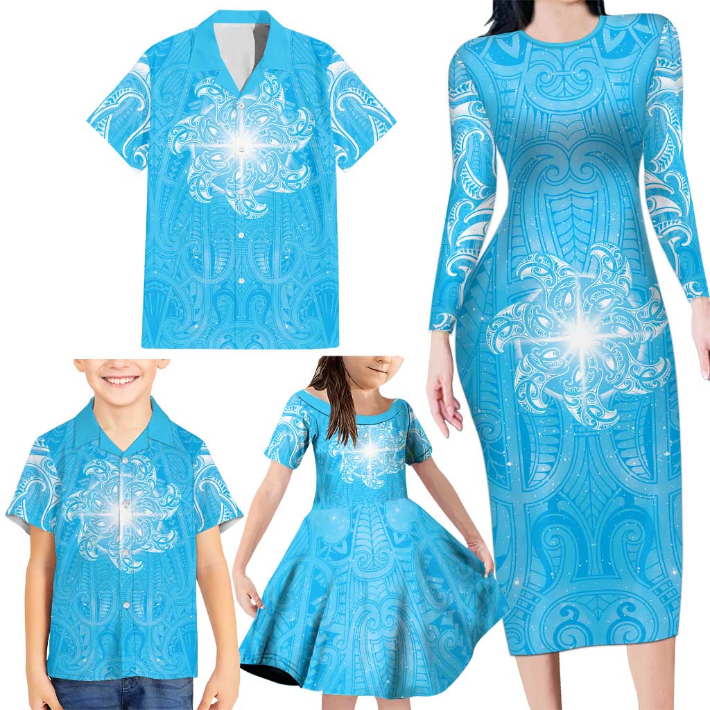 New Zealand Matariki Waiti Family Matching Long Sleeve Bodycon Dress and Hawaiian Shirt Maori Moko Cyan Galaxy