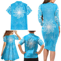 New Zealand Matariki Waiti Family Matching Long Sleeve Bodycon Dress and Hawaiian Shirt Maori Moko Cyan Galaxy