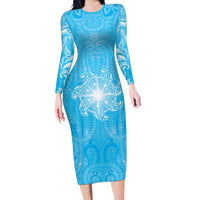 New Zealand Matariki Waiti Family Matching Long Sleeve Bodycon Dress and Hawaiian Shirt Maori Moko Cyan Galaxy