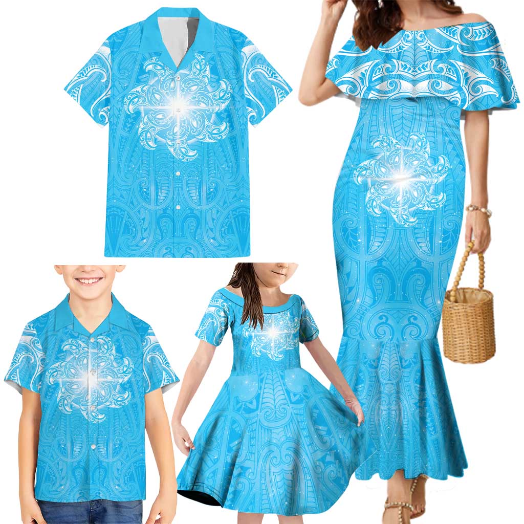 New Zealand Matariki Waiti Family Matching Mermaid Dress and Hawaiian Shirt Maori Moko Cyan Galaxy