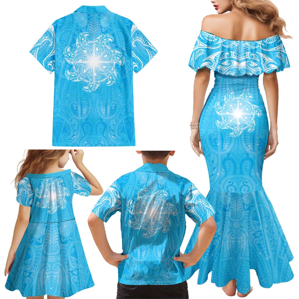 New Zealand Matariki Waiti Family Matching Mermaid Dress and Hawaiian Shirt Maori Moko Cyan Galaxy