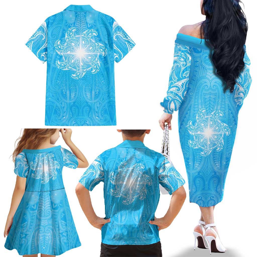 New Zealand Matariki Waiti Family Matching Off The Shoulder Long Sleeve Dress and Hawaiian Shirt Maori Moko Cyan Galaxy