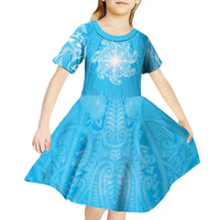 New Zealand Matariki Waiti Kid Short Sleeve Dress Maori Moko Cyan Galaxy LT05 - Polynesian Pride