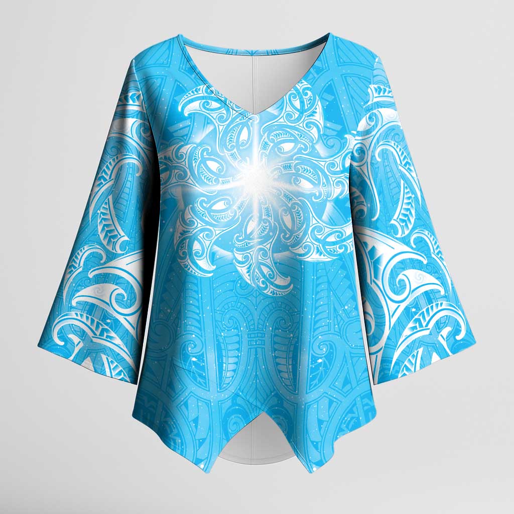 New Zealand Matariki Waiti Kimono Sleeve Blouse Maori Moko Cyan Galaxy LT05 Female Cyan - Polynesian Pride