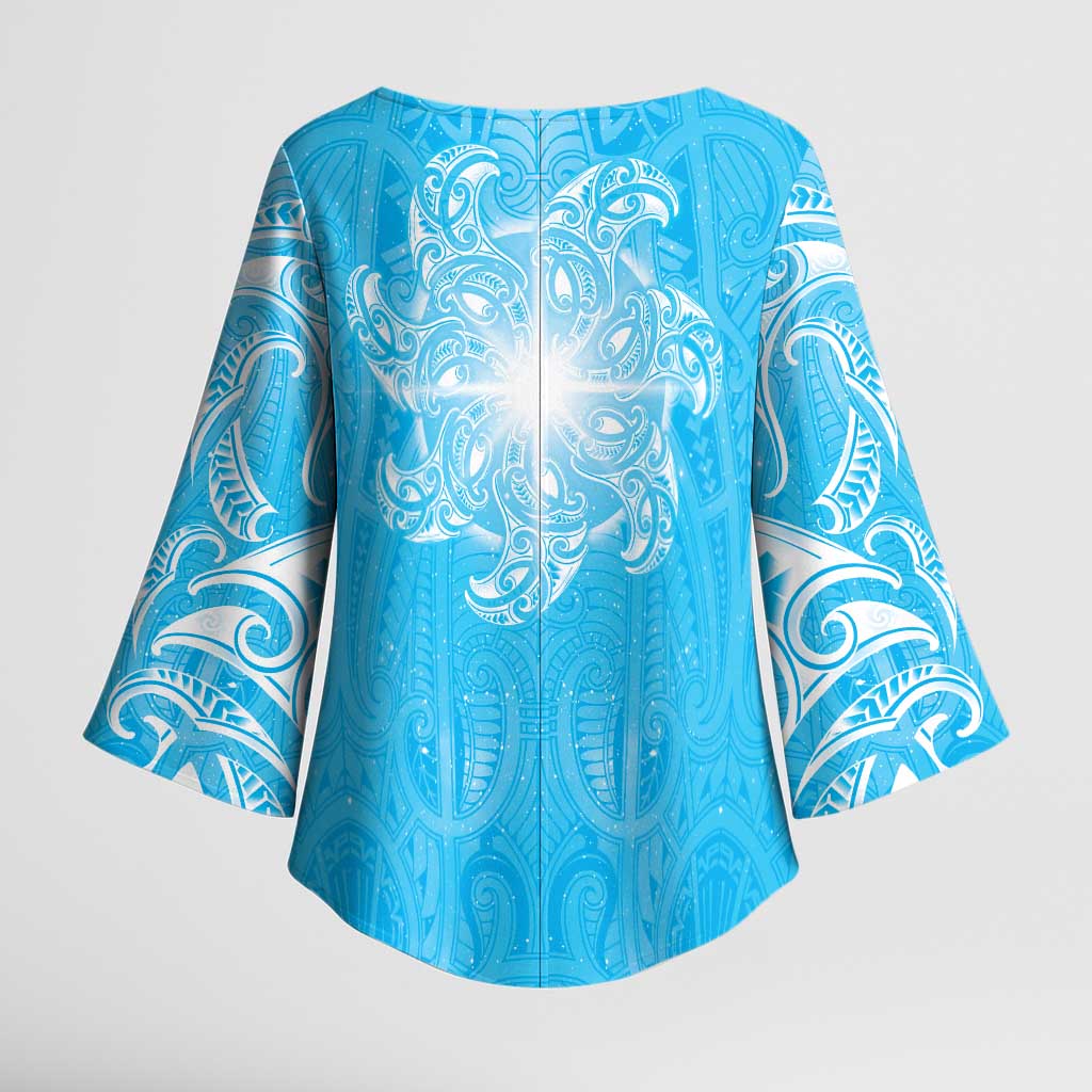New Zealand Matariki Waiti Kimono Sleeve Blouse Maori Moko Cyan Galaxy LT05 - Polynesian Pride