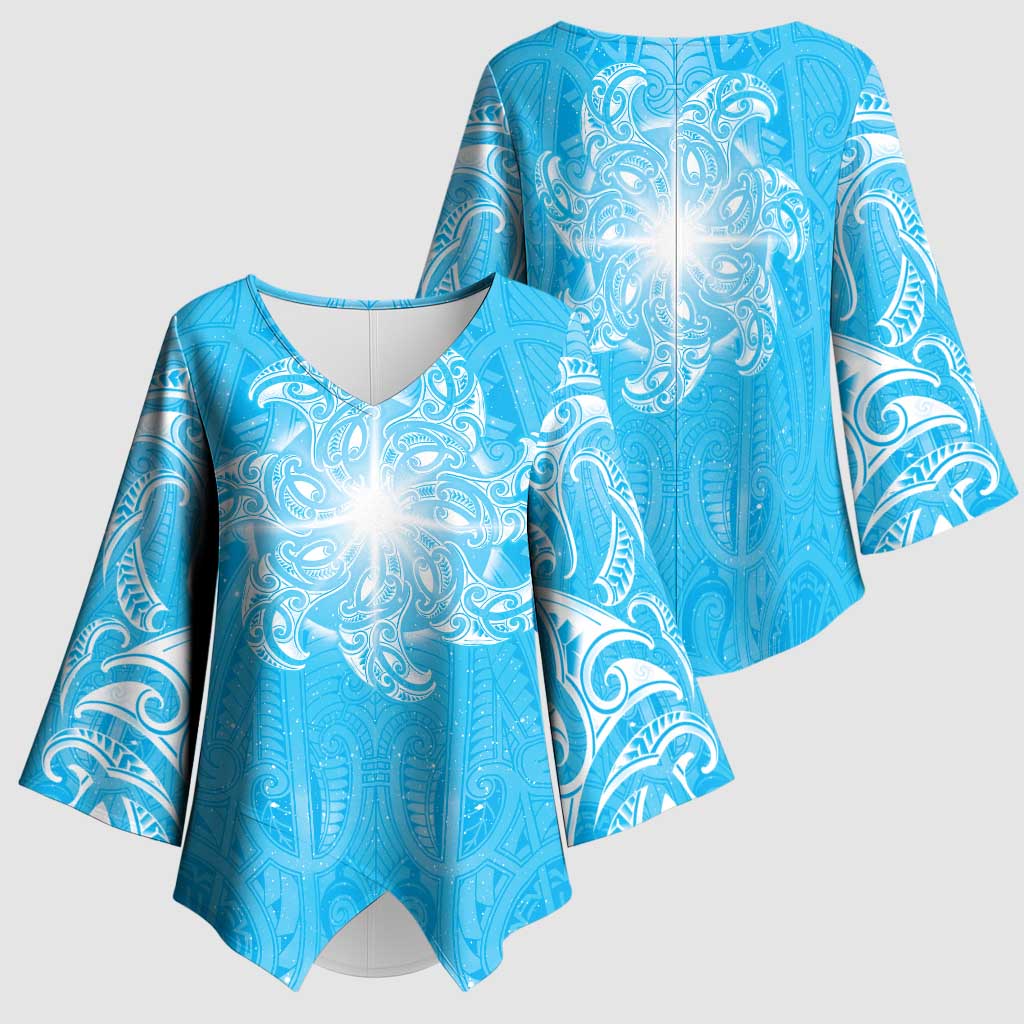 New Zealand Matariki Waiti Kimono Sleeve Blouse Maori Moko Cyan Galaxy LT05 - Polynesian Pride