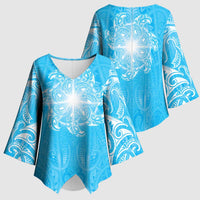 New Zealand Matariki Waiti Kimono Sleeve Blouse Maori Moko Cyan Galaxy LT05 - Polynesian Pride