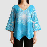 New Zealand Matariki Waiti Kimono Sleeve Blouse Maori Moko Cyan Galaxy LT05 - Polynesian Pride