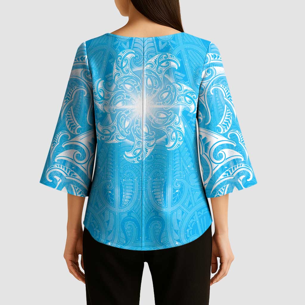New Zealand Matariki Waiti Kimono Sleeve Blouse Maori Moko Cyan Galaxy LT05 - Polynesian Pride