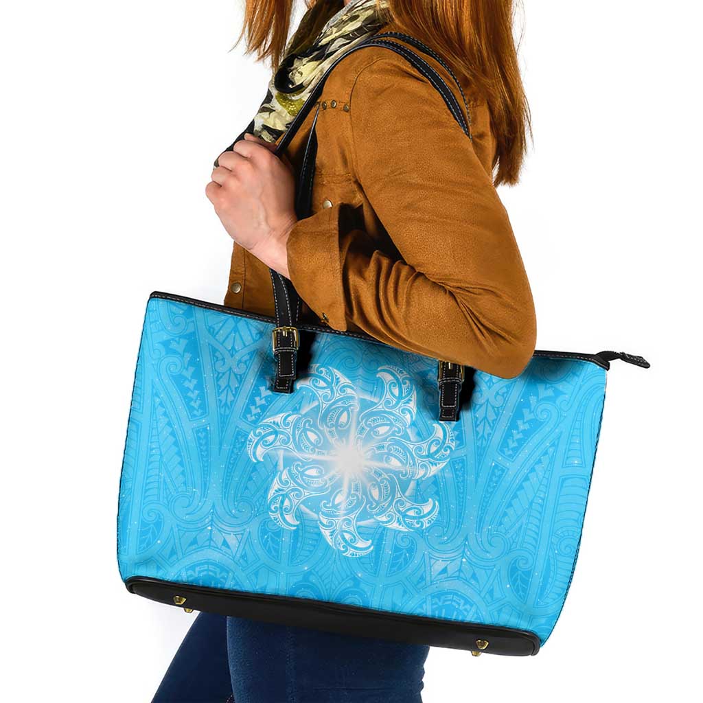 New Zealand Matariki Waiti Leather Tote Bag Maori Moko Cyan Galaxy LT05 Cyan - Polynesian Pride
