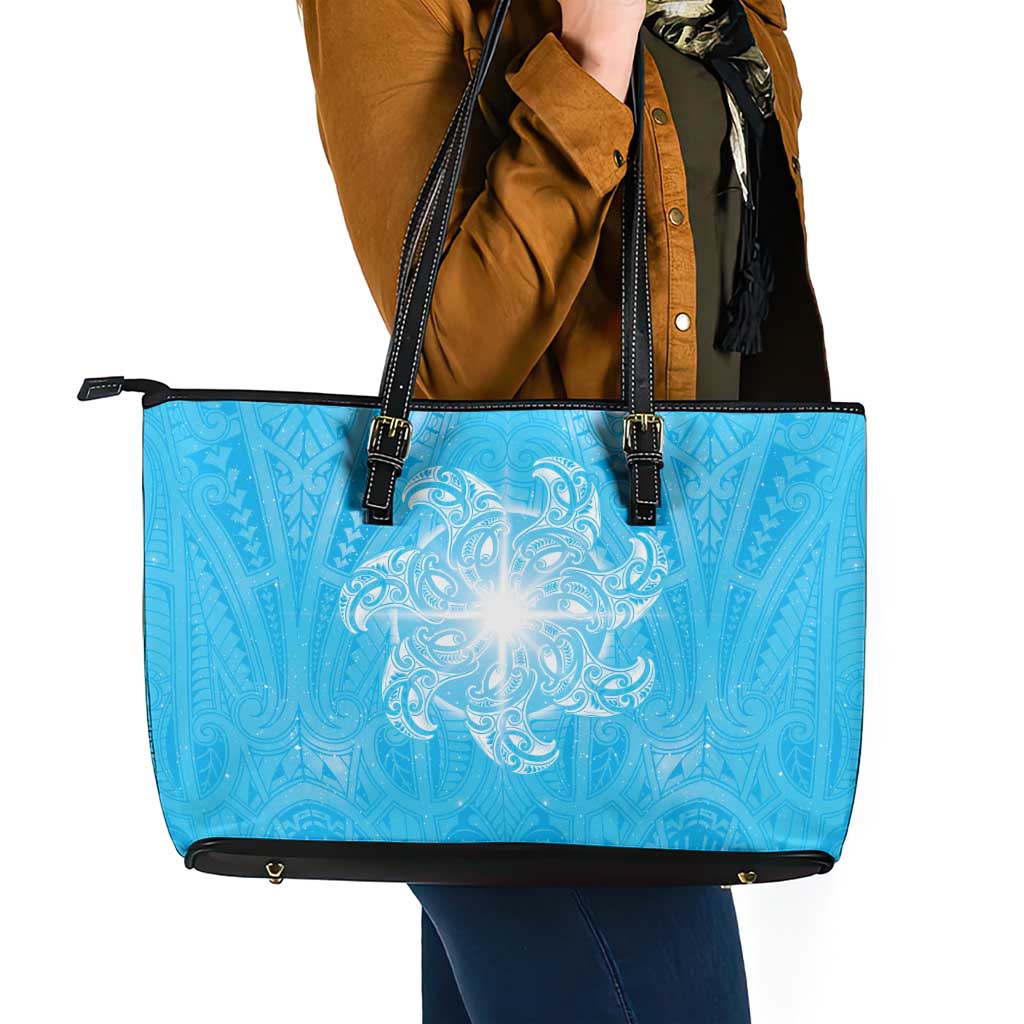 New Zealand Matariki Waiti Leather Tote Bag Maori Moko Cyan Galaxy LT05 - Polynesian Pride